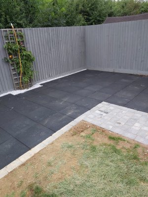 Dark patio with grey fencing and path